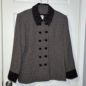 Donna Toran Blazer Jacket Womens 14 Brown Houndstooth Leopard Collar Cuffs NWOT